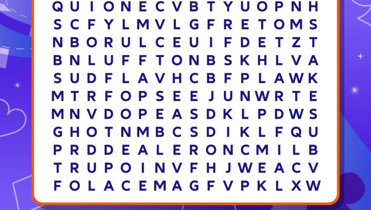 Word search puzzle with eight words to find.