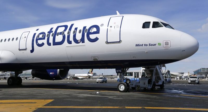 A JetBlue airplane is seen at John F. Kennedy International Airport in New York.