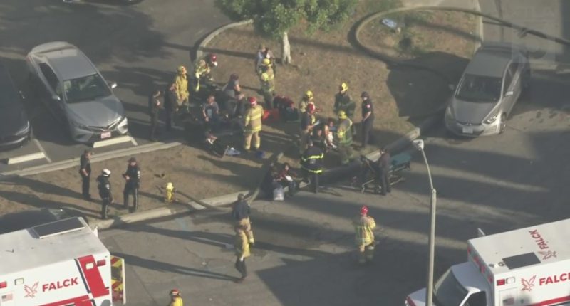 First responders treat an undetermined amount of injured after a plane crashed in a Fullerton warehouse Thursday afternoon, Jan. 2, 2025. (KTLA)
