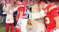 Brittany Mahomes gives husband Patrick a good luck kiss at Chiefs playoffs game less than a week after giving birth