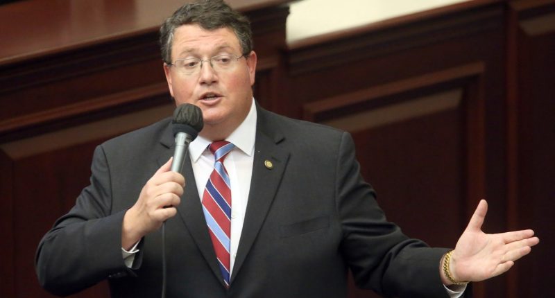 FILE - Rep. Randy Fine, R-South Brevard County, closes on a gambling bill during a special session, Wednesday, May 19, 2021, in Tallahassee, Fla. (AP Photo/Steve Cannon, File)
