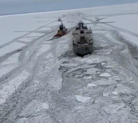 Freighter on the move after it was freed from ice on frozen Lake Erie