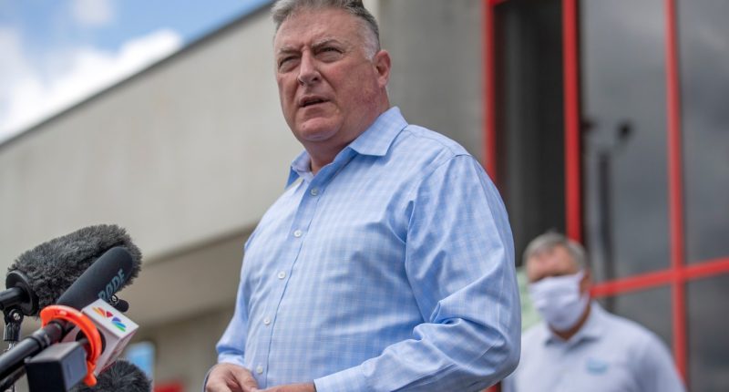 FILE - Georgia Insurance and Safety Fire Commissioner John King makes a statement and answers questions from the media following a tour of Fieldale Farms while visiting Gainesville, Ga., May 15, 2020. (Alyssa Pointer/Atlanta Journal-Constitution via AP, FILE)