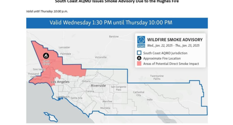 A Smoke Advisory due to poor air quality from the Hughes Fire was issued Wednesday night and will remain in effect through Thursday, Jan. 23 at 10 p.m. (South Coast Air Quality Management District)