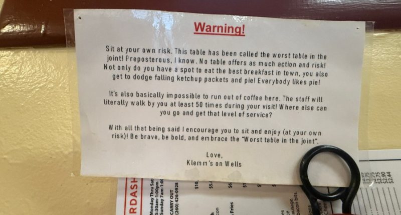 Indiana restaurant embraces 'worst table in the joint'