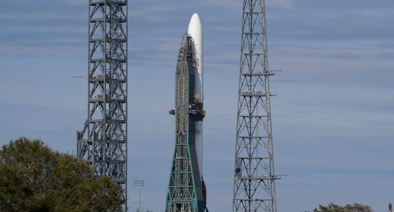 The Blue Origin New Glenn rocket stands ready on Launch Complex 36 at the Cape Canaveral Space Force Station, Saturday, Jan. 11, 2025, in Cape Canaveral, Fla. (AP Photo/John Raoux)
