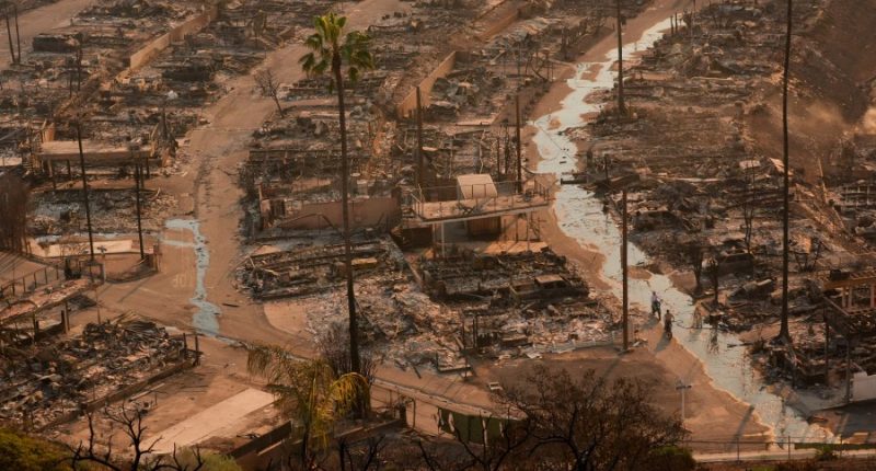 Two people ride bicycles amid the destruction left behind by the Palisades Fire in the Pacific Palisades neighborhood of Los Angeles, Thursday, Jan. 9, 2025. (AP Photo/Jae C. Hong)