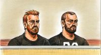 A supplied courtroom colourised sketch shows Matthew Raoul White (left) and Jack Gibson-Burrell at the Melbourne Magistrates Court