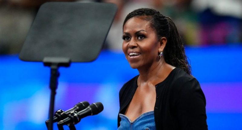 Former first lady Michelle Obama speaks at the opening ceremony of the U.S. Open tennis championships on Aug. 28, 2023, in New York.