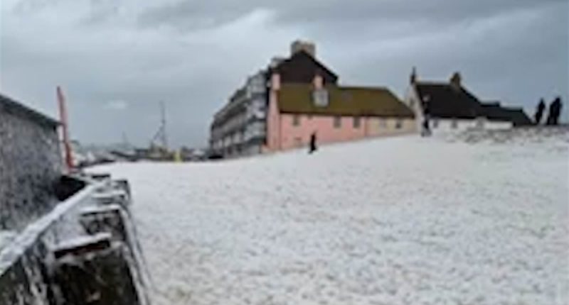 Moment tsunami of sea foam covers beach as Storm Herminia powers across Britain and forecasters warn of new 80mph winds hitting southern England and spreading north due to 'separate' threat