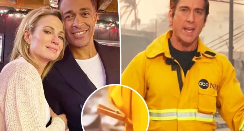 T.J. Holmes, Amy Robach defend David Muir after he’s bashed for reporting on LA wildfires with pinned jacket