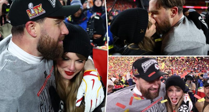 Taylor Swift passionately kisses Travis Kelce on field after Chiefs defeat Bills to play in Super Bowl 2025