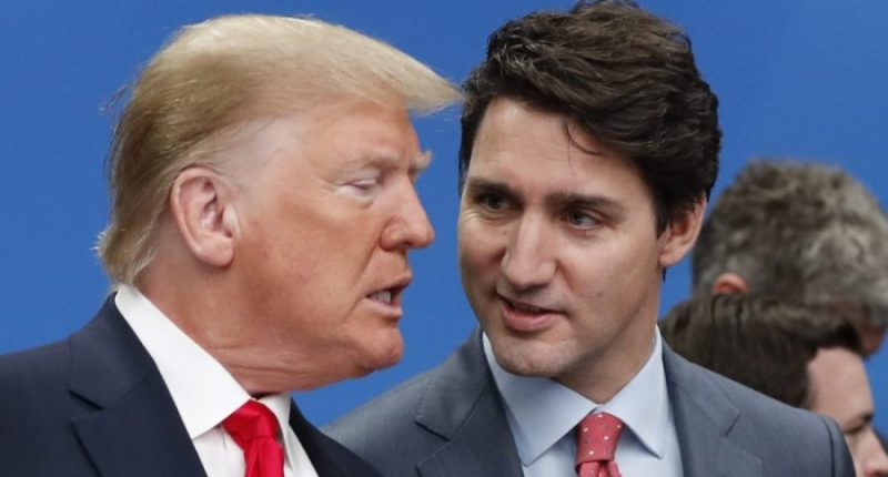 President-elect Donald Trump and Canadian Prime Minister Justin Trudeau in Watford, Hertfordshire, England, Wednesday, Dec. 4, 2019. (AP Photo/Frank Augstein)