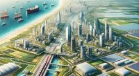 Illustration of a futuristic city with a port and surrounding agricultural areas.
