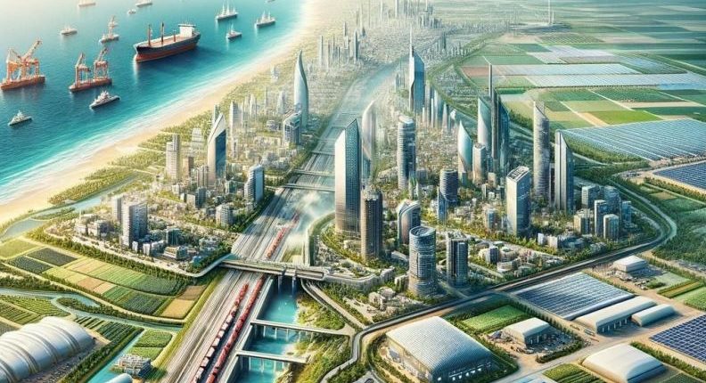 Illustration of a futuristic city with a port and surrounding agricultural areas.