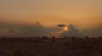 Illustration of UFOs over pyramids on a distant planet at sunset.