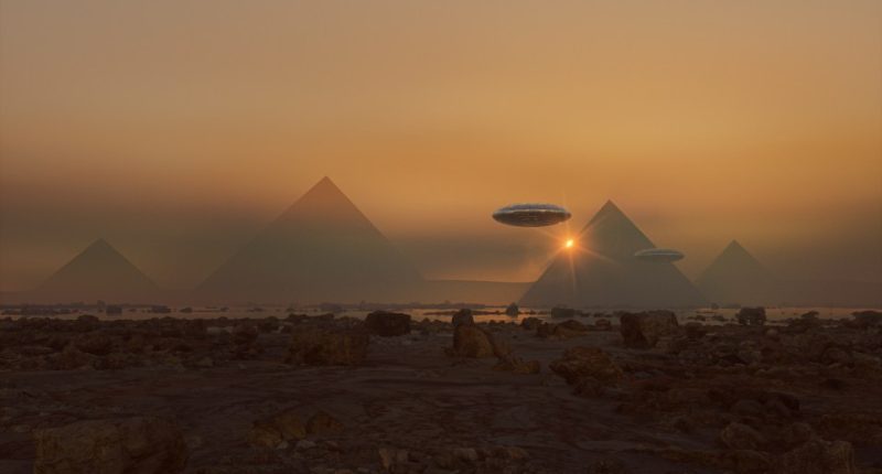 Illustration of UFOs over pyramids on a distant planet at sunset.