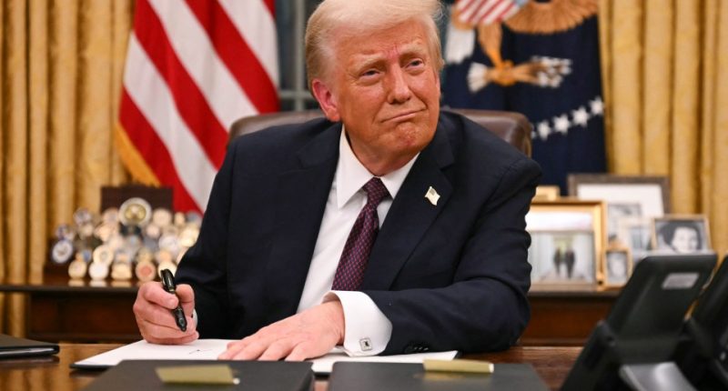 President Trump signing executive orders in the Oval Office.