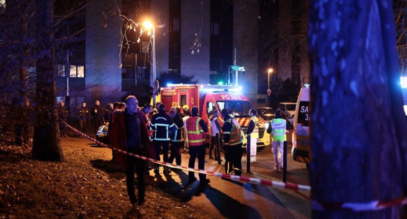 Emergency responders at the scene of an explosion.