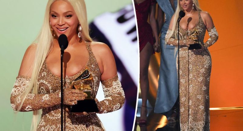 Beyoncé goes for Western glam in gold paisley gown and matching gloves at Grammys 2025
