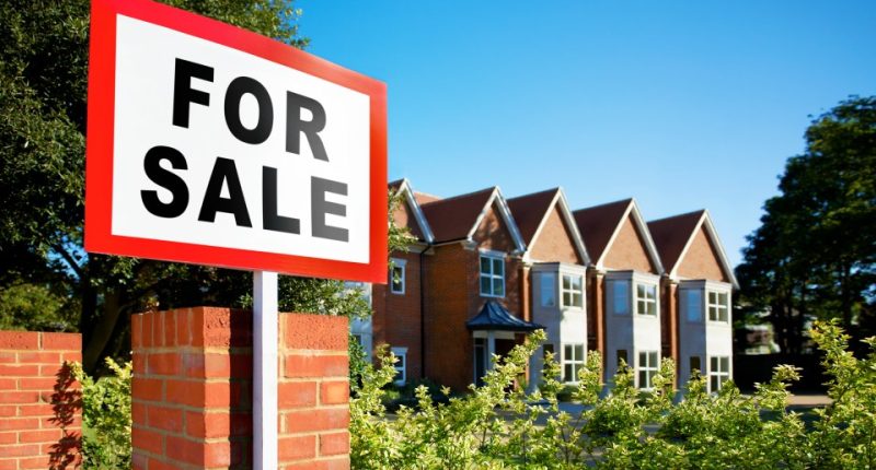 House for sale sign in front of a row of houses.