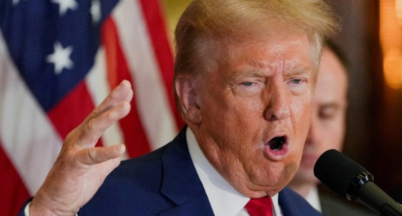 Donald Trump speaking at a press conference.