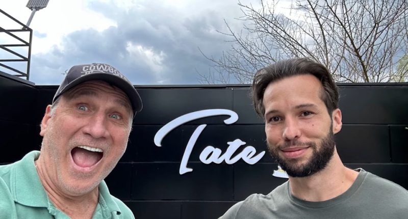 Screenshot of a computer screen showing a news article about the Tate brothers hiring Atlas to build a doomsday bunker, along with a YouTube video and Slack messages.