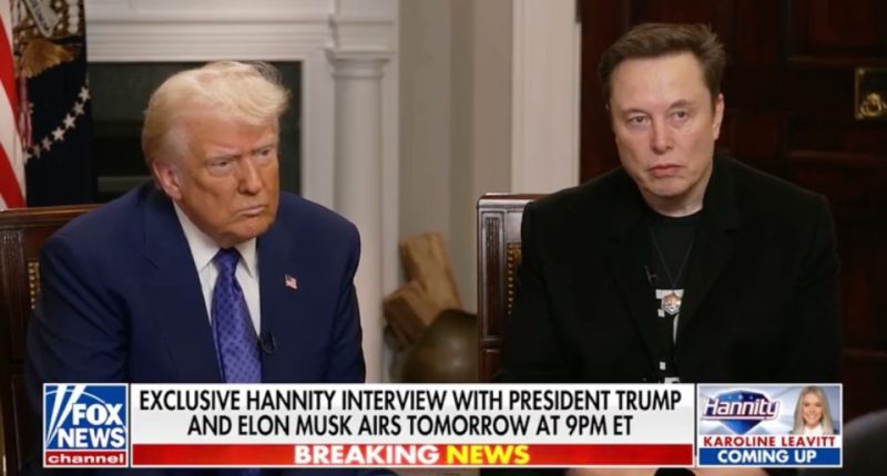 Screenshot of Donald Trump and Elon Musk in a Fox News interview.