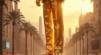 Illustration of a golden statue of Donald Trump in Gaza.