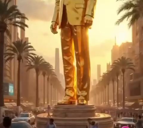 Illustration of a golden statue of Donald Trump in Gaza.