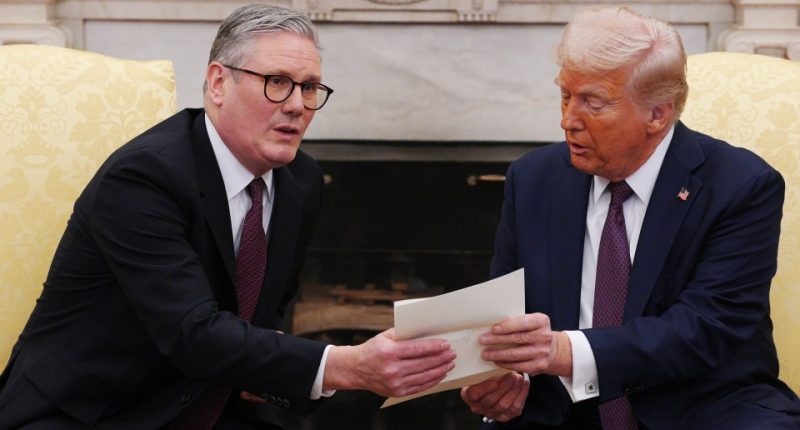UK Prime Minister Keir Starmer handing an invitation to US President Donald Trump at the White House.