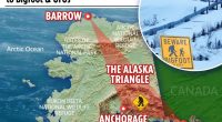Illustration of the Alaska Triangle, highlighting the locations of Barrow, Anchorage, and Juneau, with Bigfoot and UFOs referenced.