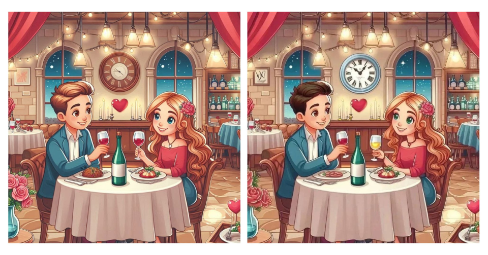 Illustration of a Valentine's Day spot-the-difference puzzle: two nearly identical images of a couple on a romantic dinner date.