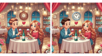 Illustration of a Valentine's Day spot-the-difference puzzle: two nearly identical images of a couple on a romantic dinner date.
