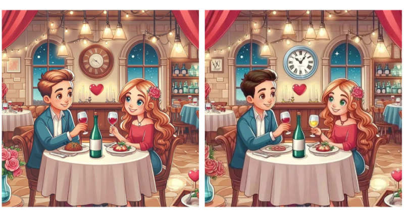 Illustration of a Valentine's Day spot-the-difference puzzle: two nearly identical images of a couple on a romantic dinner date.