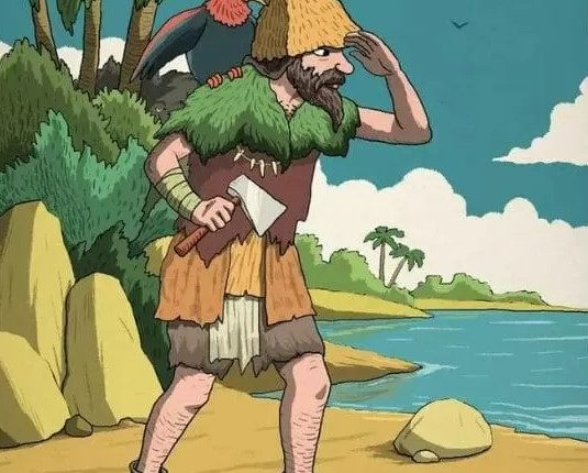 Illustration of a man on a beach with a bird on his shoulder; find the second man.