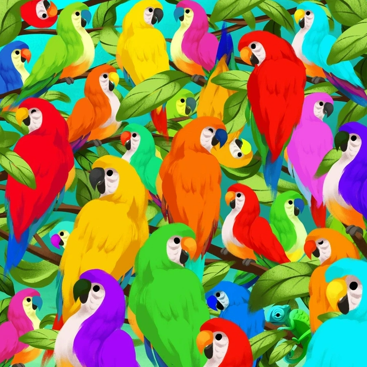 Illustration of a chameleon hidden among colorful parrots.