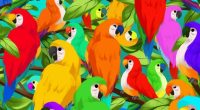 Illustration of a chameleon hidden among colorful parrots.