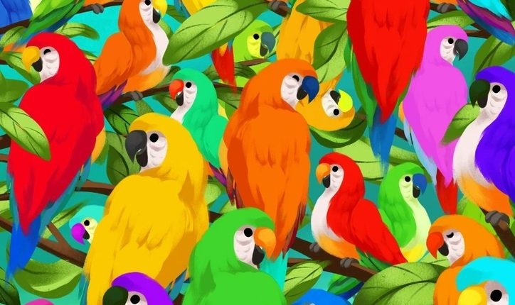 Illustration of a chameleon hidden among colorful parrots.