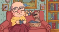 Illustration of an elderly man knitting on a couch with his dog.