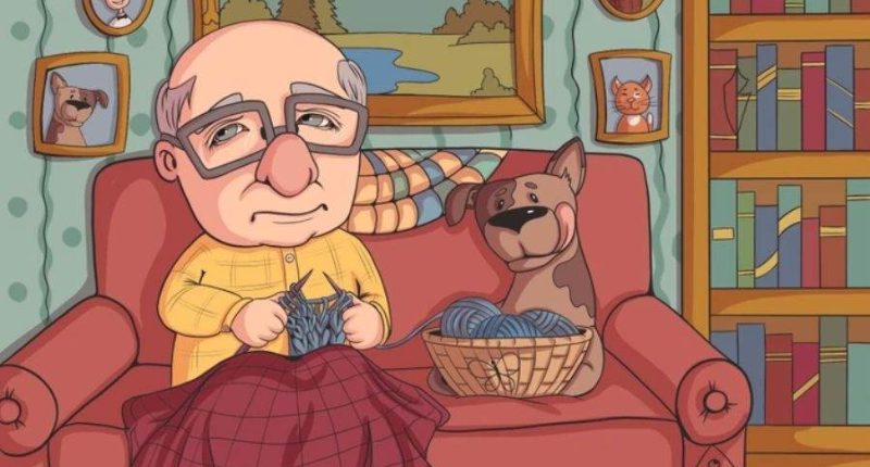 Illustration of an elderly man knitting on a couch with his dog.