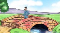 Illustration of a man standing on a brick bridge over a stream.