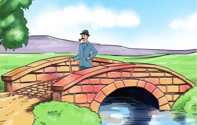 Illustration of a man standing on a brick bridge over a stream.
