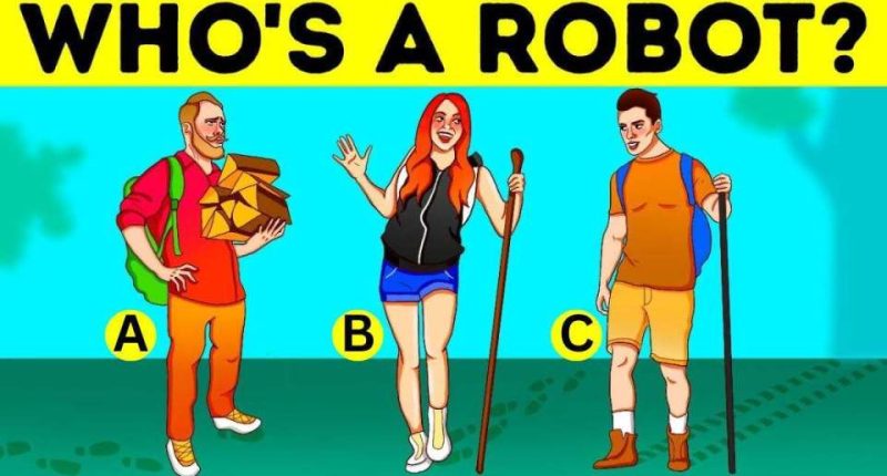 Illustration of a visual puzzle: identify the robot among three hikers.