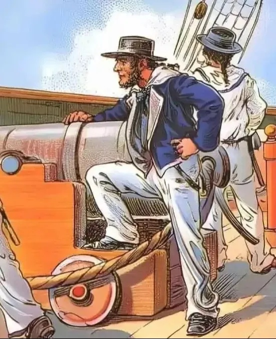 Illustration of sailors on a ship, one man at a cannon.