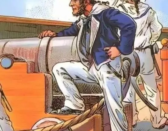 Illustration of sailors on a ship, one man at a cannon.