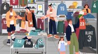 Illustration of a family shopping for sports apparel in a store.