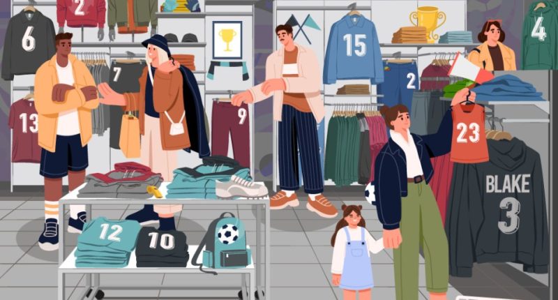 Illustration of a family shopping for sports apparel in a store.