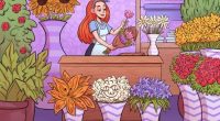 Illustration of a florist arranging flowers in her shop.