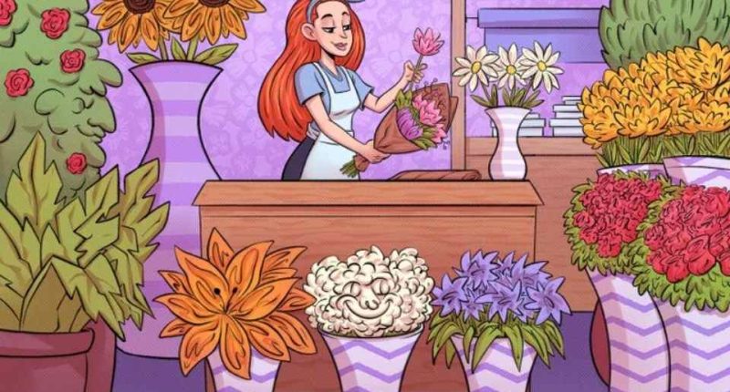 Illustration of a florist arranging flowers in her shop.